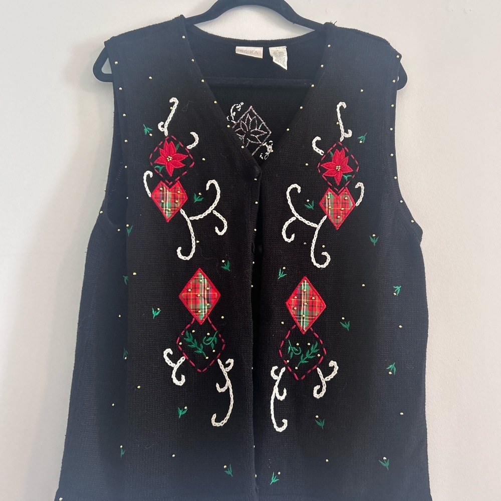Embroidered Black Sleeveless Holiday Christmas Sweater Vest Ugly